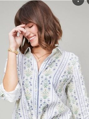 Spartina 449 White Button-Down with Blue & Green Floral Stripe